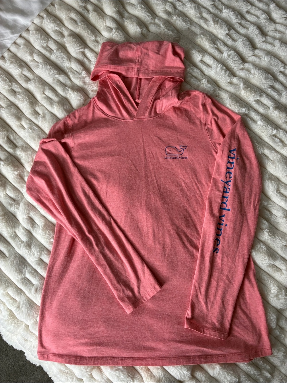 Vineyard Vines Coral Pink Hooded Long Sleeve Top with Sleeve Logo